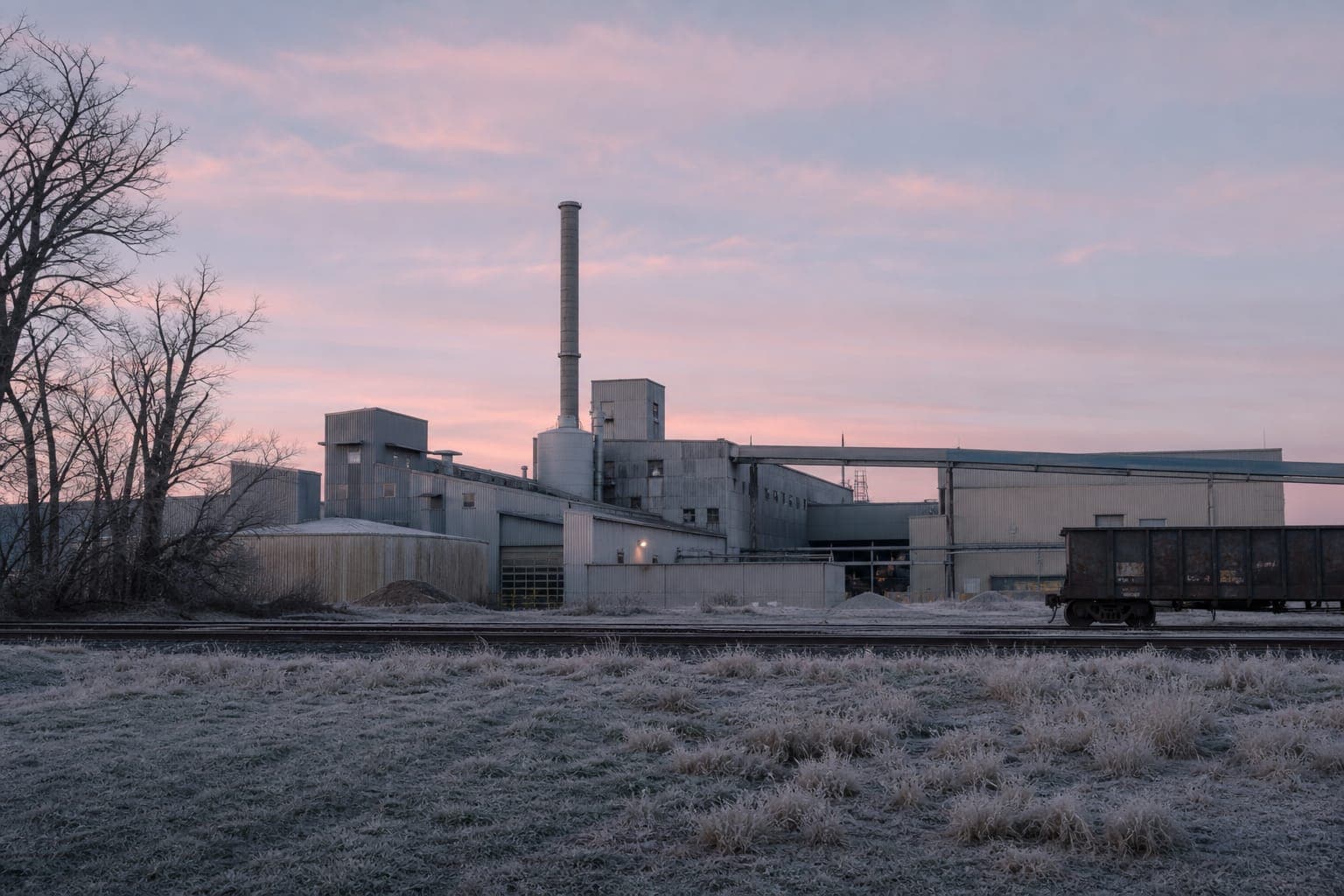 Midwestern industrial plant at dawn with a rail spur