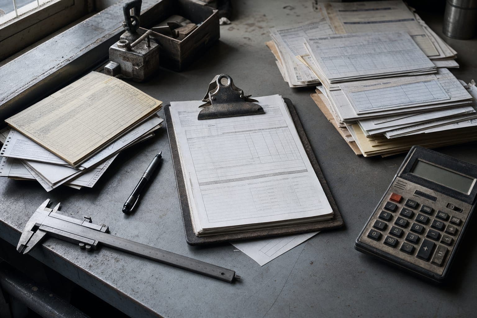 Settlement sheets, scale tickets and a clipboard on a steel desk