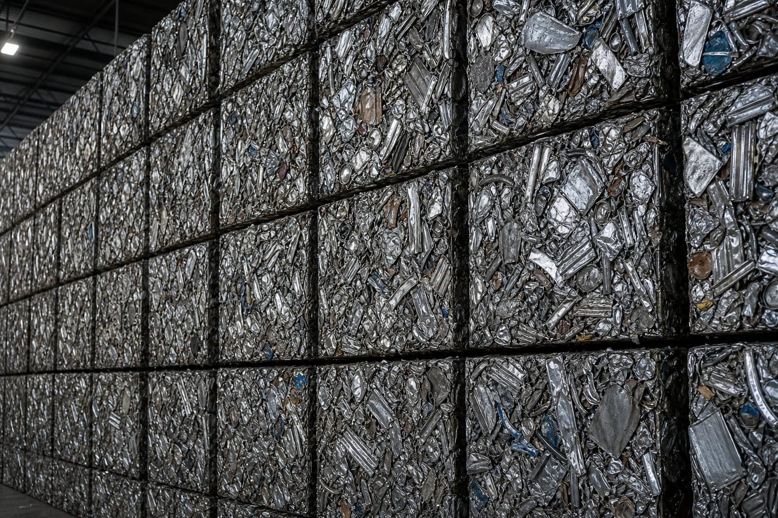 Baled aluminum stacked by lot in a warehouse